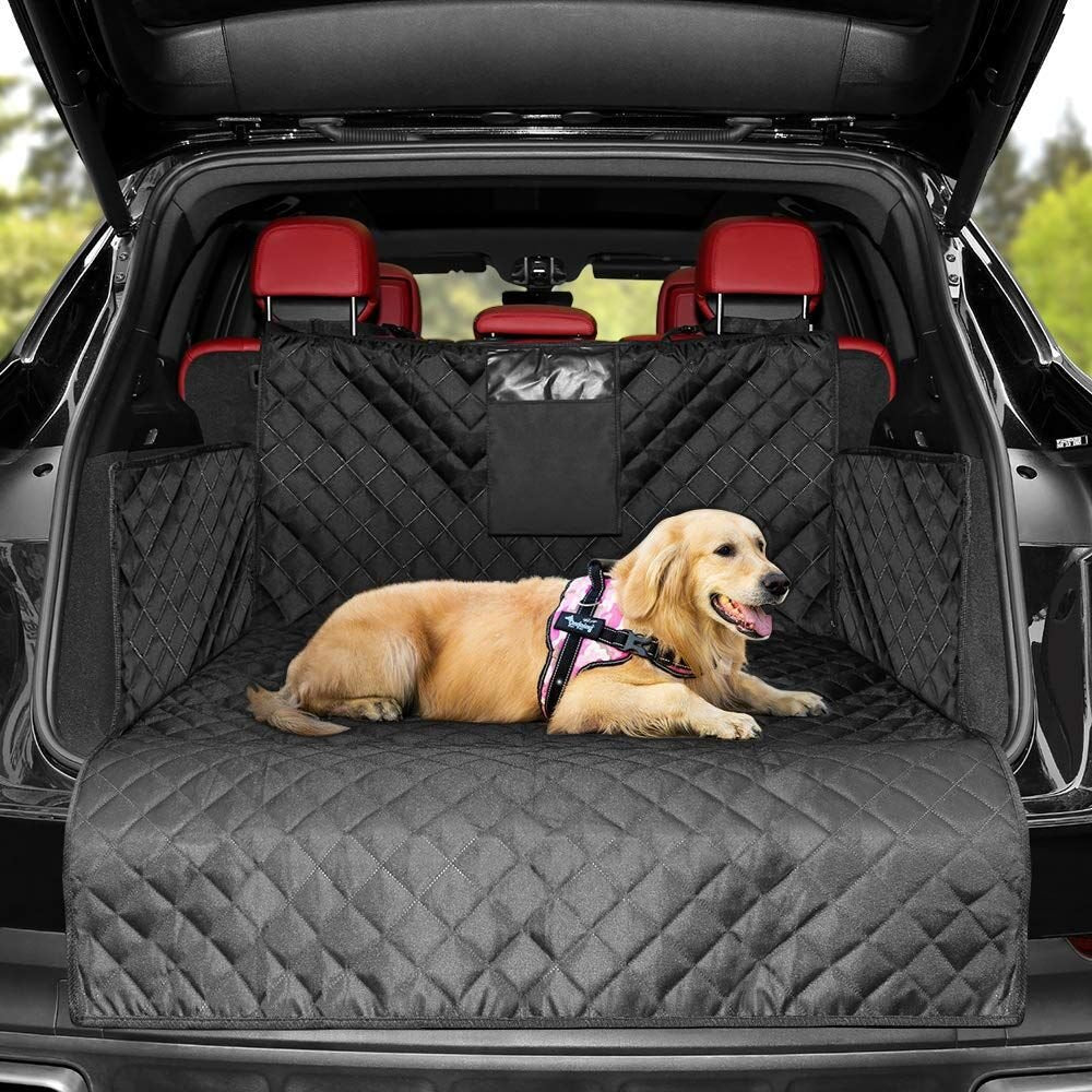 SUV trunk cover for dogs featuring a waterproof non-slip surface, universal fit, and measuring 185cm x 105cm in black color. 0
